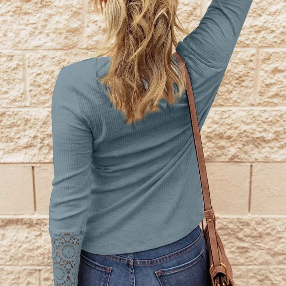 Blue Crochet Lace Hem Sleeve Button Top - Picture 2 of 10